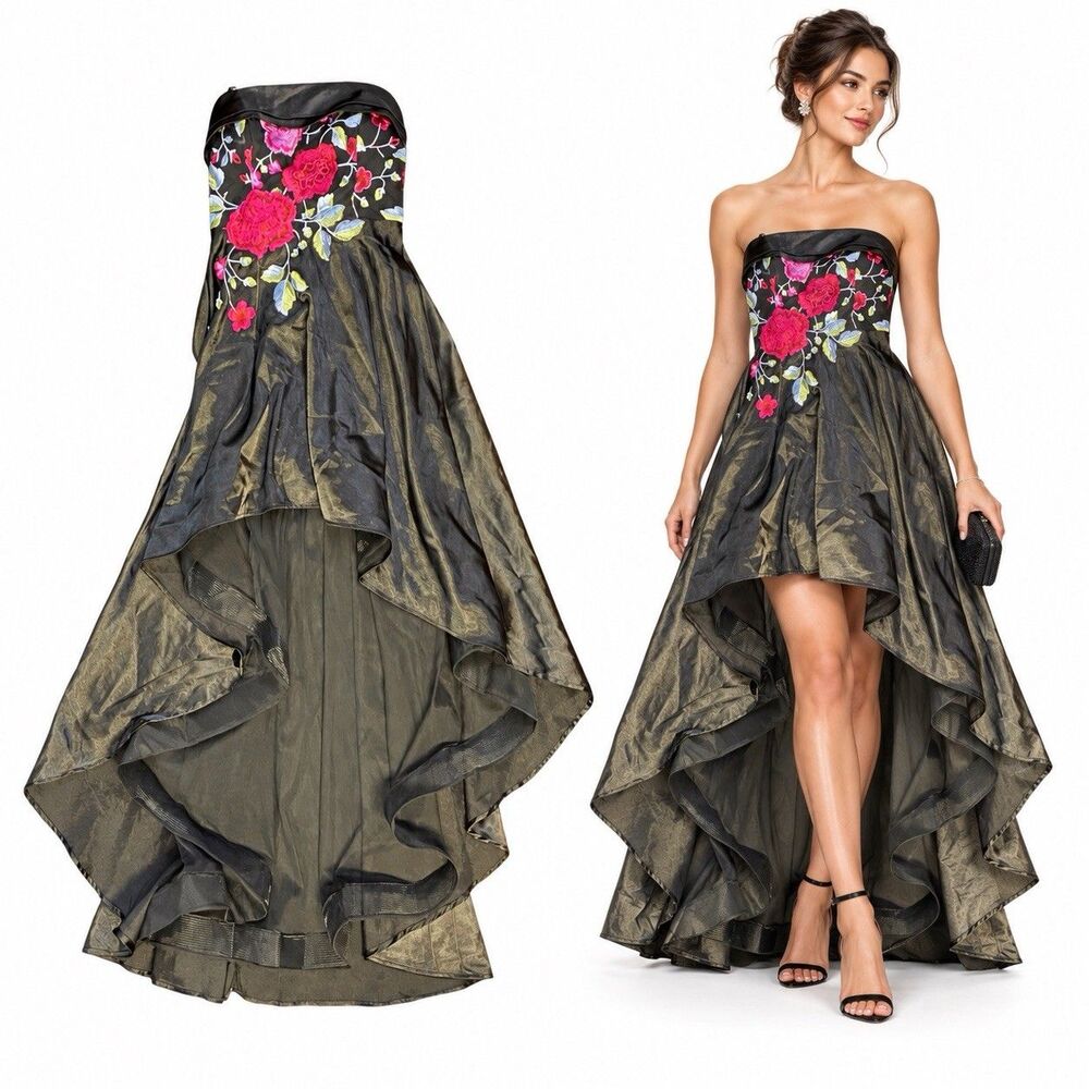 Social Code Dress Womens 1 Black Floral Embroidered Hi Low Lace Up Strapless NWT